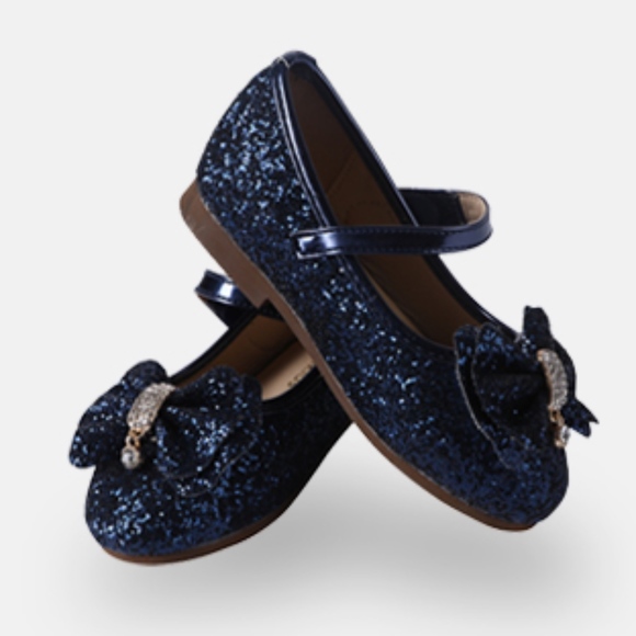 Girls Mary Jane Glitter Ballerina Flat Navy Shoes - Picture 2 of 6